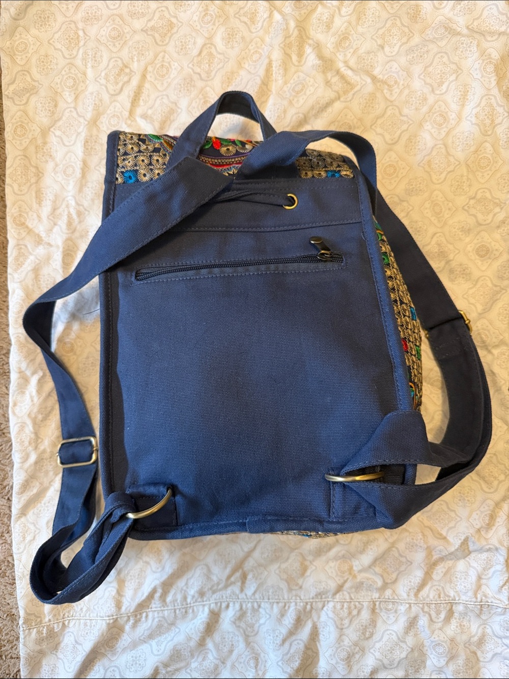 Embroidered Navy Multi-Color Floral Drawstring Backpack - Picture 2 of 2
